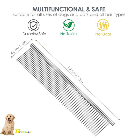 Dog Grooming Comb Pet, Stainless Steel Cat Combs with Rounded Teeth, Professional Metal Tear Stain Remover, Dematting Tool for Small, Medium & Large Pets-7.5in