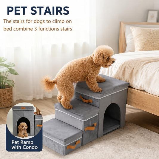 17" H Dog Stairs for High Beds, Multifunctional Pet Ramp with Storage & Condo for Small Medium Large Older Dog, 3-Step Foldable Cat Stairs for Climbing Car Sofa,Supports up to 120 Lbs