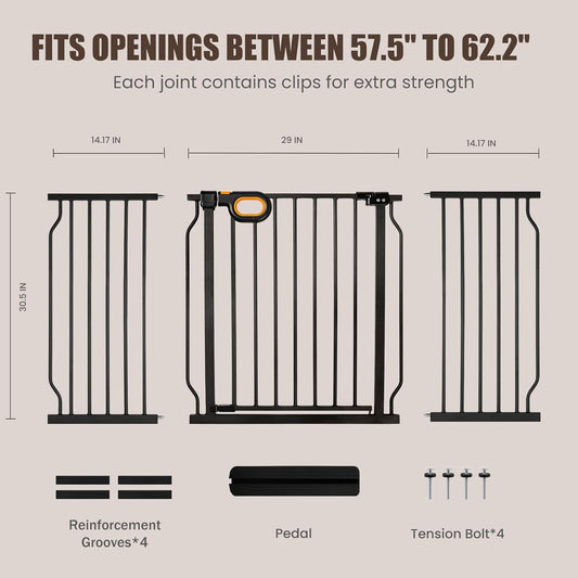Extra Wide Baby Gate with Door Pressure Mounted 57.5-62.2 Inch,Child Dog Baby Safety Gates for Doorways,Walk Through Dog Gate Indoor for The House Kitchen Stairs No Drilling,Black