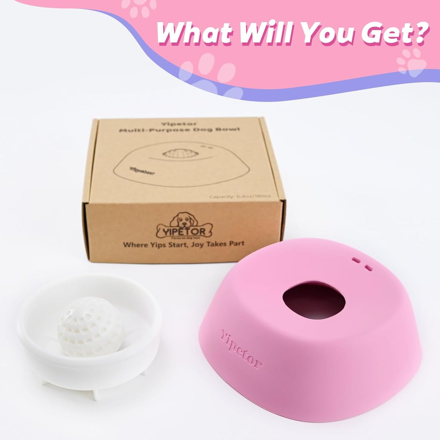 Yipetor Slow Feeder Dog Bowls for Liquid Treat, 【Enrichment Ball-Roll】 Bone Broth Dog Lick Bowl, 3/4 Cup Yogurt Pup Lick Toy for Large Medium Small Breeds Dietary Supplement/Post-op Nutrition