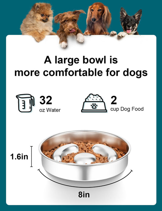 Slow Feeder Dog Bowl Stainless Steel,8-inch Diameter Dog Slow Feeder Bowl,Heavy Duty with Non-Slip Rubber Base,2Cups Capacity for Medium & Large Dog.Thick and Heavy Edition