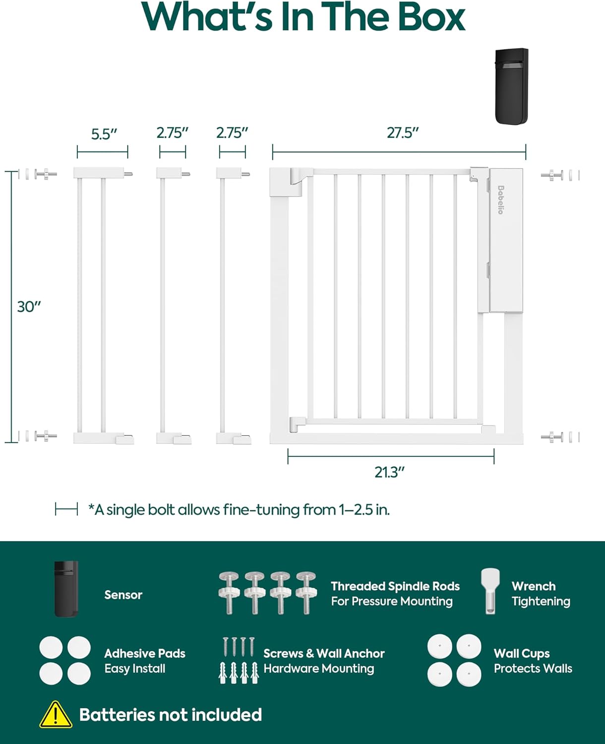 Babelio Smart Baby Gate with Auto-Unlock/Close, Pressure Mounted No Drill for Doorways/Top of Stairs. Pet/Dog Door Wide Walk Thru w/Infrared Sensor & Safety Alert (Black, 26.3-37.8" W, 30" H)