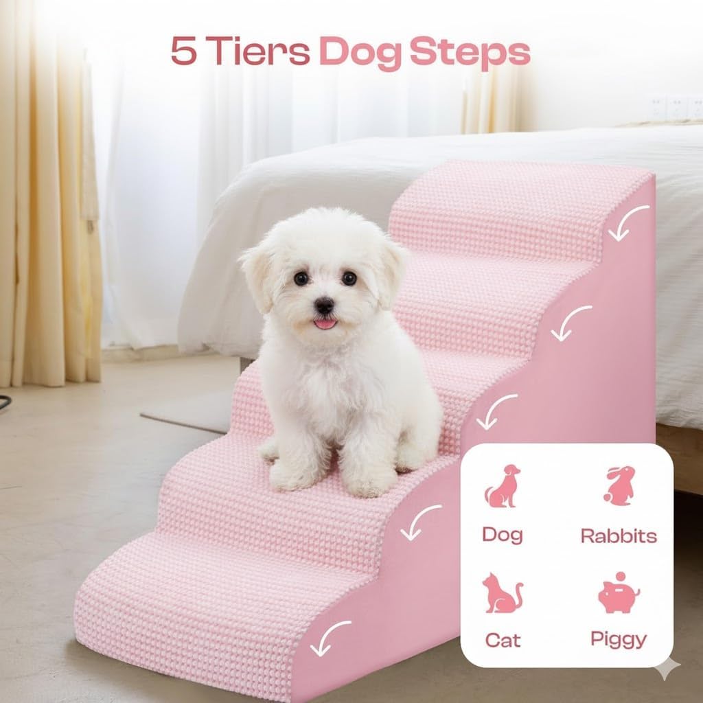 Dog Stairs for High Beds Up to 30", Extra-Tall 5-Step Dog Steps for Bed, 24.5" Tall Foam Pet Stairs for Small & Medium Dogs, Gentle Slope Cat Ramp for Bed with Washable Cover