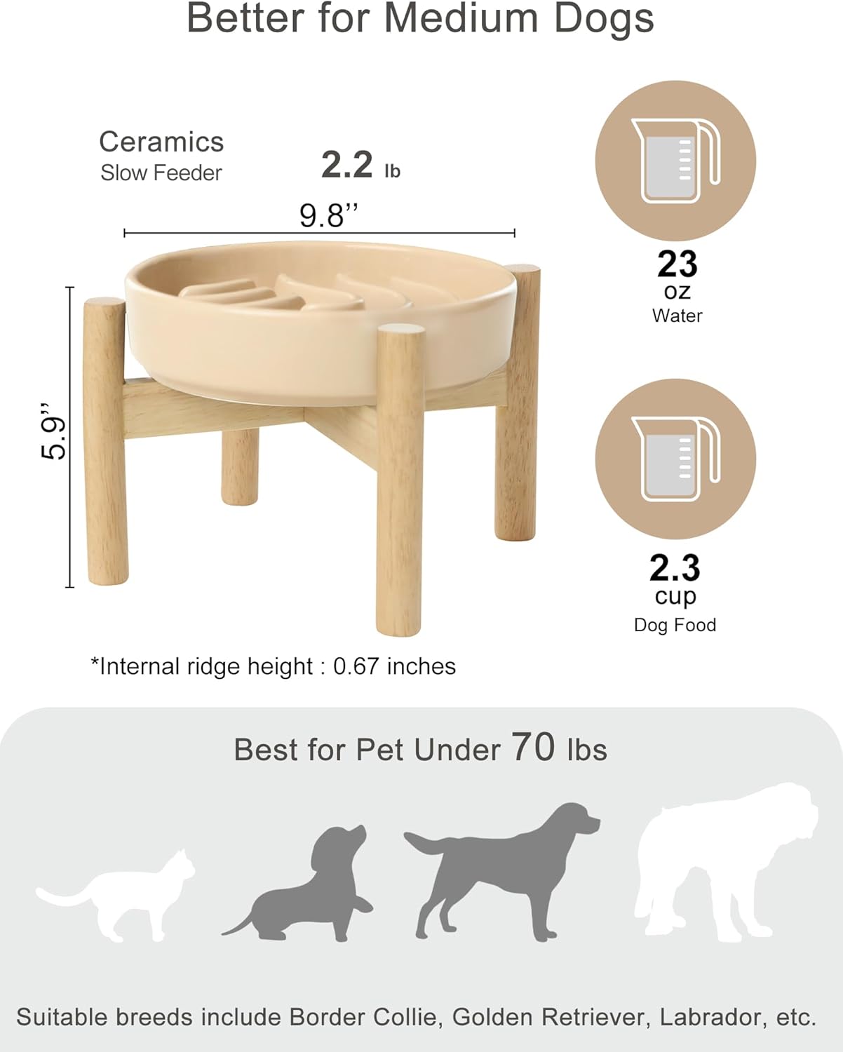 Ceramic Slow Feeder Dog Bowl, Maze Puzzle Non-Slip Silicone Base Stoneware Bowl for Small Medium Dogs, Heavy Duty Anti-Bloat Dog Food Bowl Dishwasher Safe – Apricot, Medium