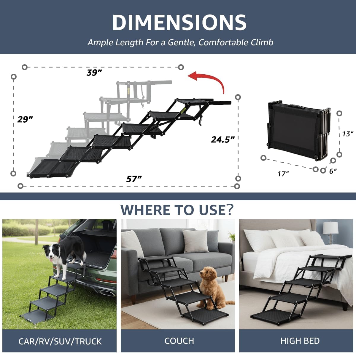 Oiilores Foldable Dog Stairs for Large Dogs - Extra Wide Pet Ramp for Cars, SUV, Non-Slip Surface, Supports Up to 250 Lbs, 5 Steps