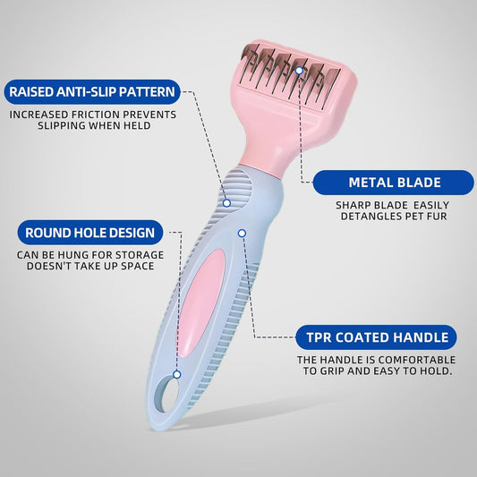 HOP Pink Professional Pet Dematting Comb with Handle Stainless Steel Dematting Fur Rake Brush Pet Grooming Tool for Long-Haired Dogs and Cats Remove Loose Hair Mats Knots Tangles