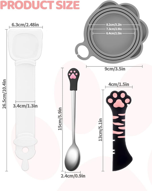 5 PCS Cat Food Can Covers Lids Set, Silicone Pet Food Can Lids with Multi-Function Cat Food Spoon and Opener, Cat Bar Squeezer, Stainless Steel Wet Food Spoon for Cats and Dogs (Pink) (Pink)