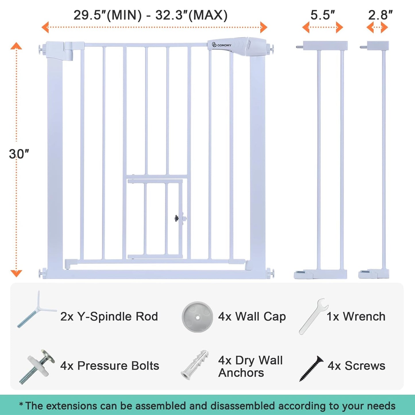 COMOMY Auto Close Baby Gate with Cat Door, 29.5"-40.5" Extra Wide Dog Gate for House Doorways Stairs, Pressure Mounted Easy Walk Thru Pet Gate, Includes 4 Wall Cups and 2 Extension Pieces, Black