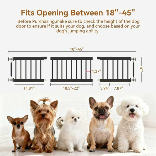 Dog Gate Indoor,18"-45" Adjustable Extra Wide Metal Short Dog Gate to Step Over, 18" Tall Small Pet Gate with 3 Extension Kits, Pressure Mounted Gate for Doorways & Stairs Black