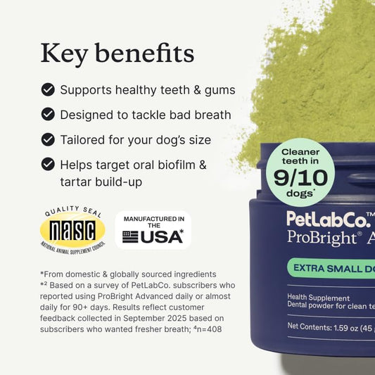 PetLab Co. ProBright Advanced Dental Powder - Dog Breath Freshener - Teeth Cleaning Made Easy – Targets Tartar & Bad Breath - Packaging May Vary - Formulated for Small Dogs