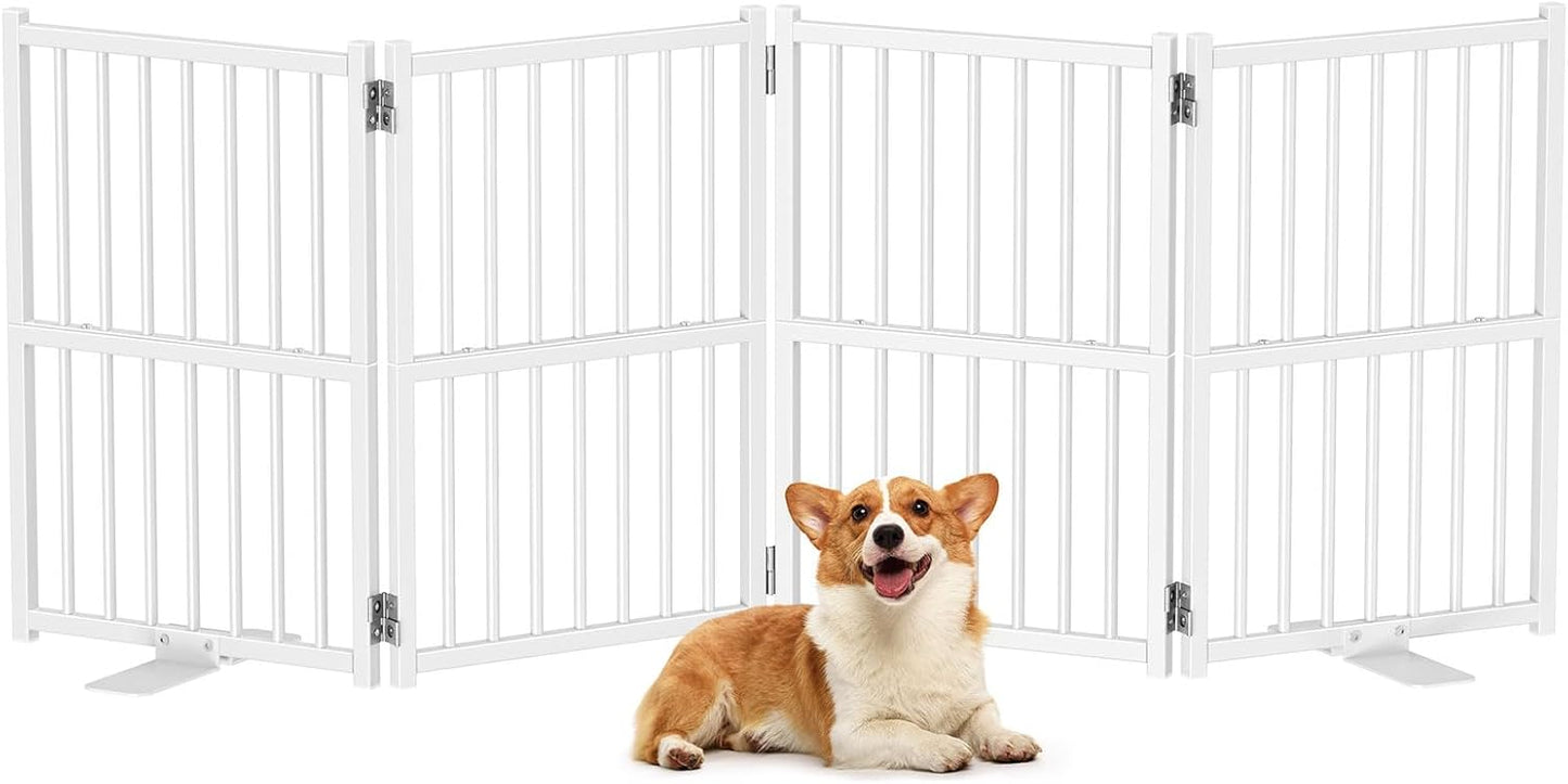 Snughome Short Dog Gate Indoor, 16" High Freestanding Small Dog Door Gates with Support Feet, Expands Up to 48’’ Wide Foldable Pet Gate for Doorway, 4 Panel Folding Pet Door Pet Fence for Puppy, White