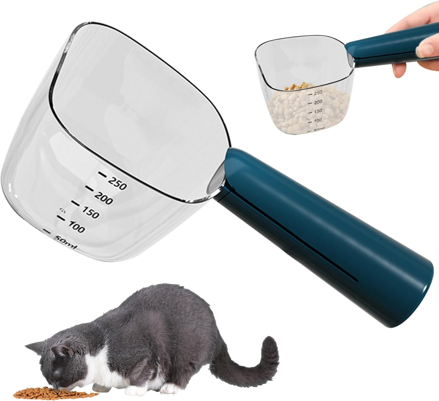 Dog Food Measuring Cup with Scale, Accurate Pet Food Scoop with Dog Food Bag Clips, Multi-Functional ABS Cat Food Spoon for Indoor, Travel Outdoor, Blue