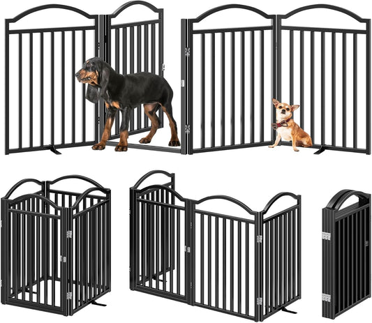 Metal No-Assembly Freestanding Dog Gate with Door Walk Through, Extra Wide 144", Extra Tall 32" Pet Gate, Accordion Puppy Folding Playpen Dog Fence for Indoor & Outdoor, with 2PCS Support - Black