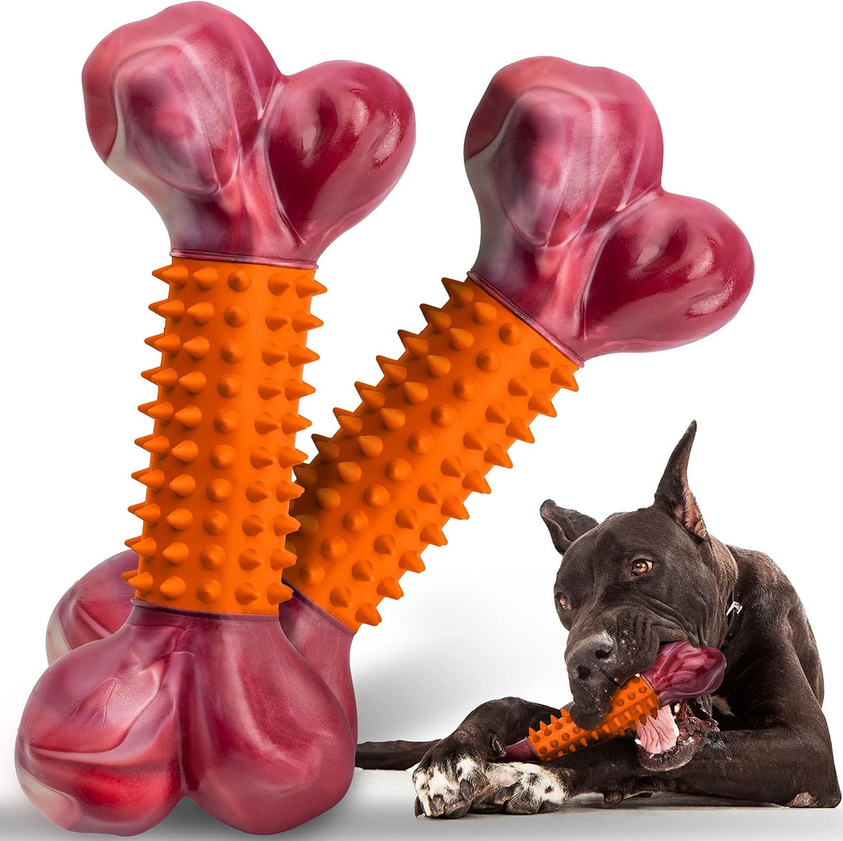 Tough Dog Toys for Aggressive Chewers: Beef Flavored Long Lasting Dog Bones for Large Dogs, Indestructible Dog Chew Toys to Keep Them Busy, Large Dog Toys for Medium & Large Breed, Red