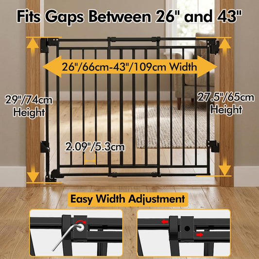 Baby Gate for Stairs & Doorways - Fits Openings 26 to 43 Inches Wide (Must Drill to Install) | 29" Extra Tall with No Bottom Bar | One-Handed Auto-Close Walk-Thru Gate for Kids & Pets, Black