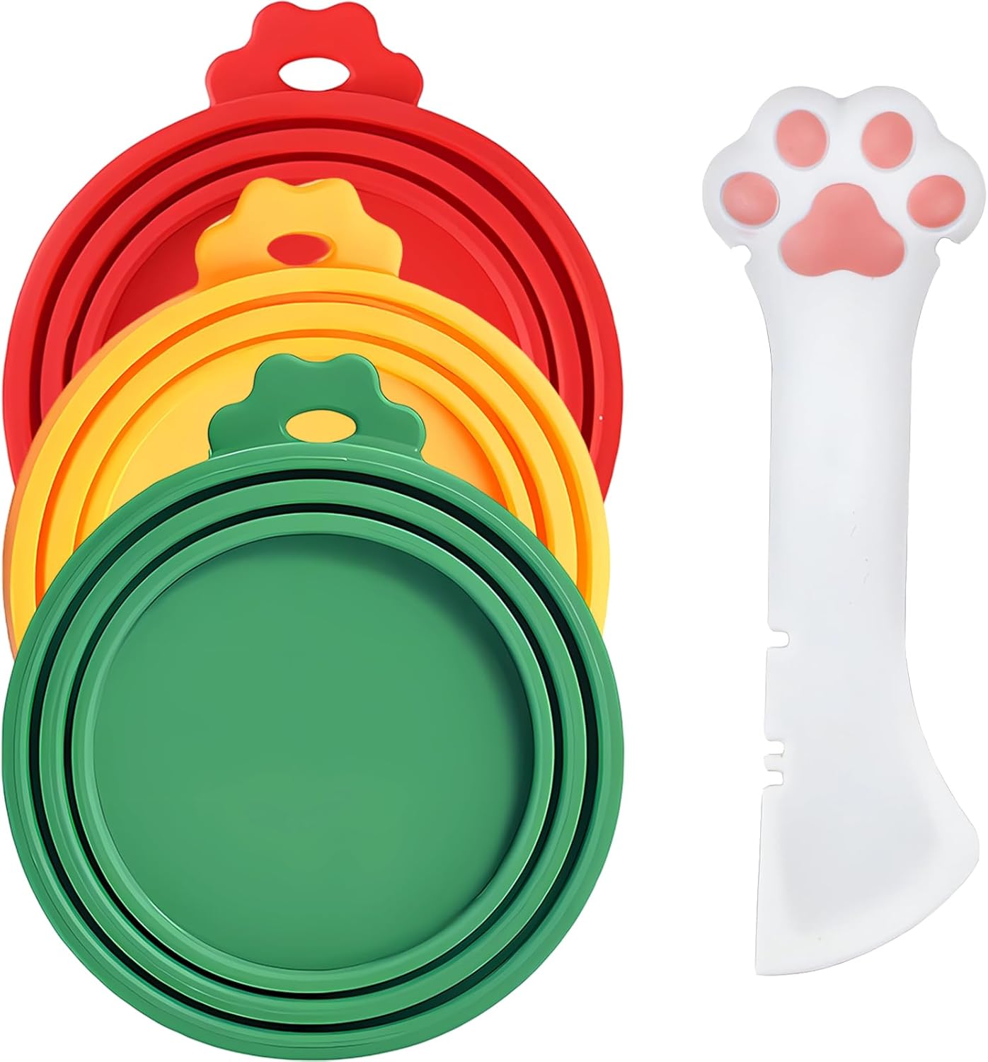 Cat Food Can Covers Lids & White Spoon, Pink/Orange/Sky Blue Lids, Can Covers for Dog/Cat Food Cans, Fit 3 Standard Size Pet Food Cans, Spoon with Opener Paw & Mini Spatula