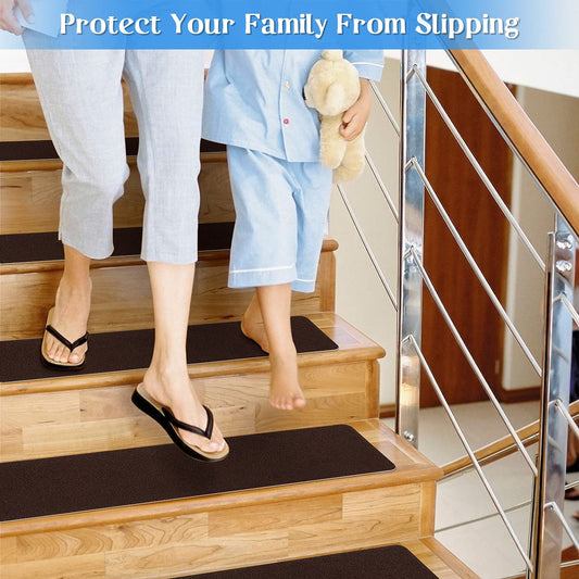 RIOLAND Non-Slip Stair Treads Carpet Indoor 14 Pack Stair Rugs for Wooden Steps Anti Moving Stair Runners Safety for Dogs Elders and Kids, 8” x 30”, Coffee Brown