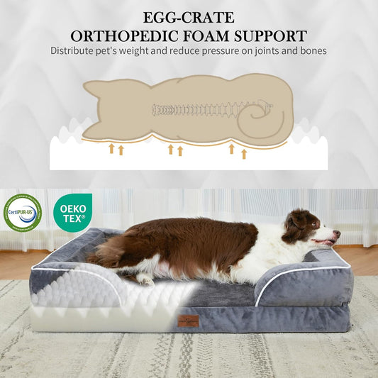 Comfort Expression Orthopedic Dog Bed for Extra Large Dogs 42x30 Inch, Waterproof Egg Crate Foam XL Pet Bed with Removable Bolsters, Dog Couch with Washable Cover & Non-Slip Bottom, Grey - Colors A
