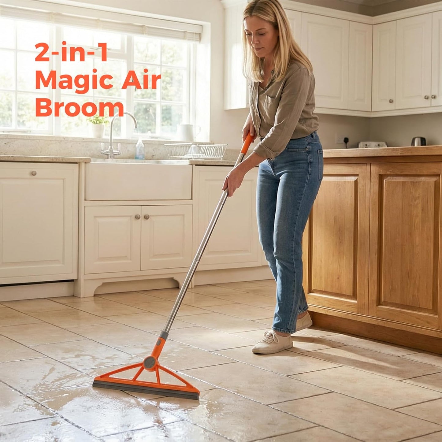 wlich 2-in-1 Air Broom, 180° Rotating 54 Inch Adjustable Silicone Rubber Broom Includes 2 Scraping Strips, Sweep and Silicone Tools with Long Handle for Cleaning Bathrooms,Glass,Tiles,Pet Hair
