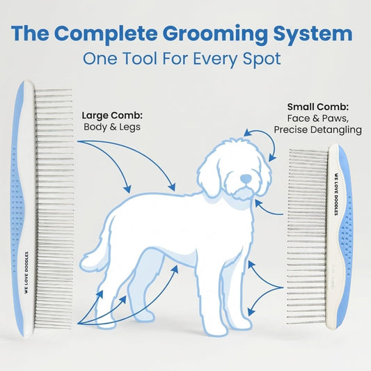 We Love Doodles Dog Comb (2 Packs) & Lavender Detangler Spray 16oz – Pet Grooming Essentials, Stainless Steel Rounded-End Dematting Metal Comb for Dogs, Dog Leave-In Conditioner Spray for Detangling