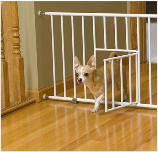Carlson 18-30.75" Mini Expandable Dog Gate with Small Pet Door, Pressure Mounted Metal Indoor Pet Gate for Doorways & Bottom of Stairs, Cat Gate, White