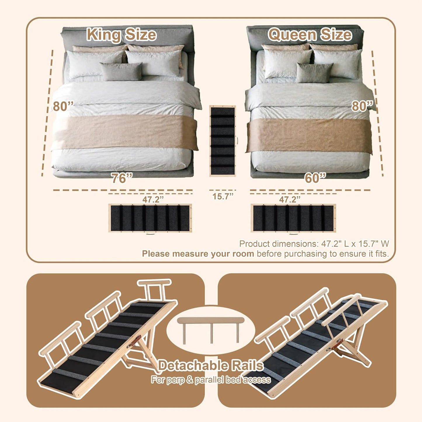 Dog Ramp for Bed, 43.5" Long Wooden Foldable Dog Ramp, 6 Adjustable Heights from 14" to 26" with Anti-Slip Traction Mat, Portable Pet Ramp for Car, Bed, Couch, Max 200lbs - 43.5inch
