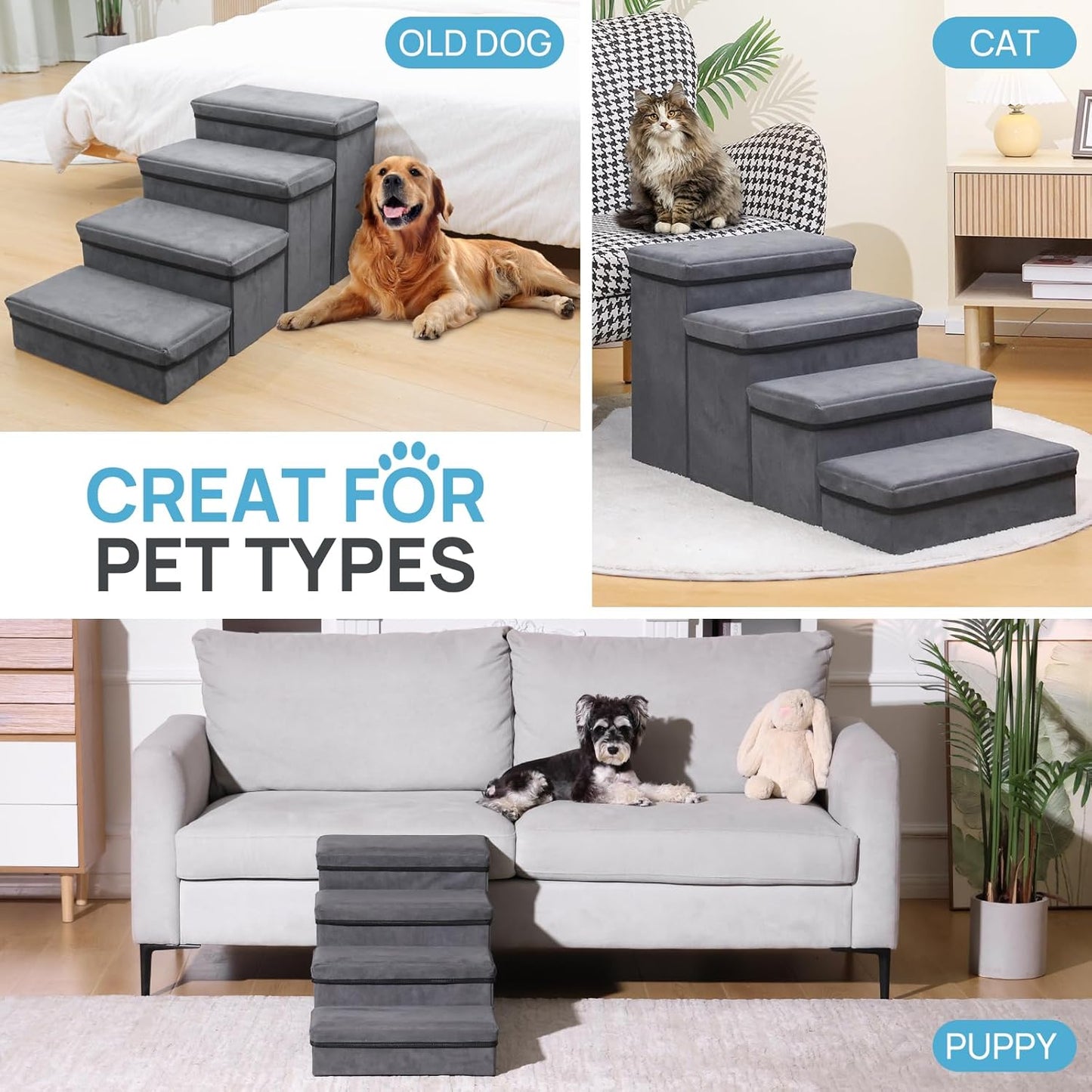 Foldable Dog Stairs/Steps 2-Tier Pet Steps Storage and Adjustable Steps for Small Medium Dogs Pet Steps Storage Stepper for High Beds Sofa Pet Dog Cat