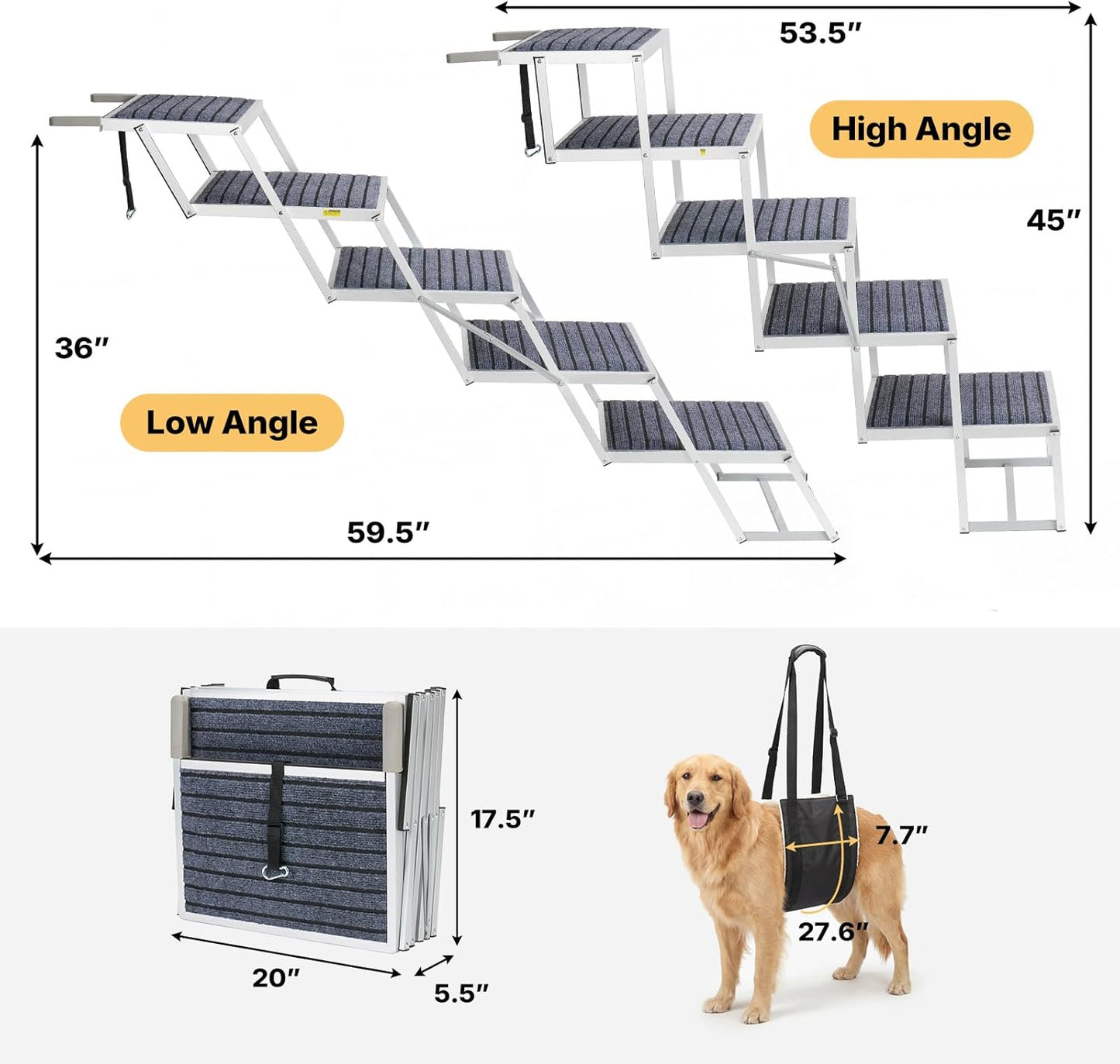 Veehoo Extra Wide Dog Steps for Car SUV Truck Foldable, 4 Steps Portable Aluminum Dog Stairs for Injured Senior Large Dogs 20" Wide, Heavy Duty Pet Ramp Ladder with Non Slip Surface, up to 170lbs