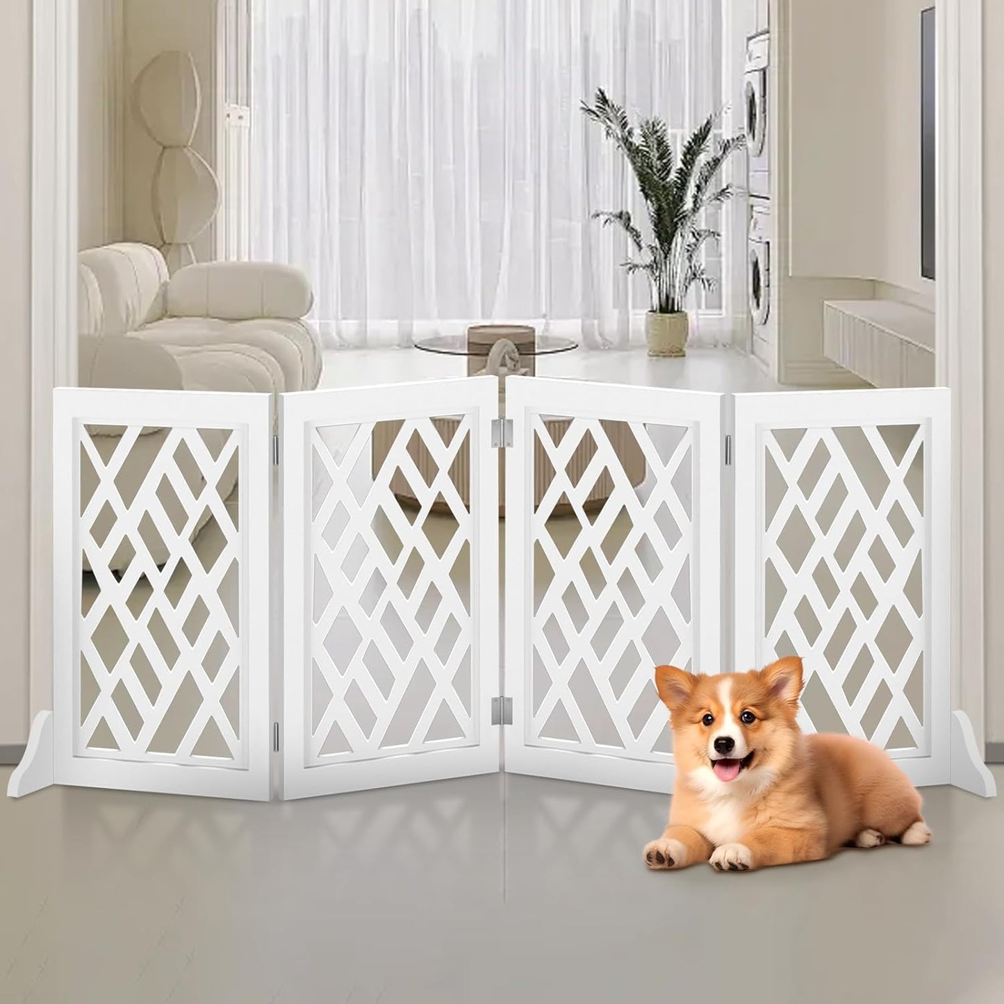 Cut-Out Design 16" Short Dog Gate for Small Dogs, Foldable Retractable Puppy Gate Indoor - Freestanding Lightweight Pet Barrier for Doorways, Stairs, Hallways (Extends to 41", White)