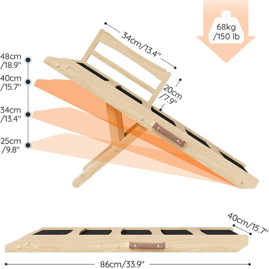 HOOBRO Dog Ramp for Bed, 15.7" Width Folding Pet Ramp with Guardrail and Non-Slip Mat, Dog Ramp for Couch, 4-Level Adjustable from 9.8" to 18.9", for Small Dogs, Natural and Black NB48PT03