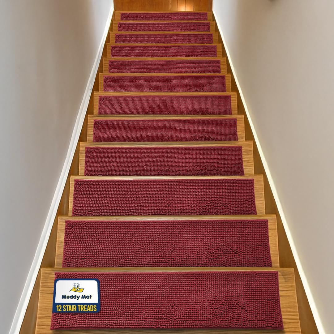 Muddy Mat® Pack of 4 - Soft Chenille Stair Treads Non-Slip Reusable, Super Absorbent Stair Treads for Wooden Steps, Tile & Marble Floor, Easy to Install & Machine Washable - Grey 30'' x 7''