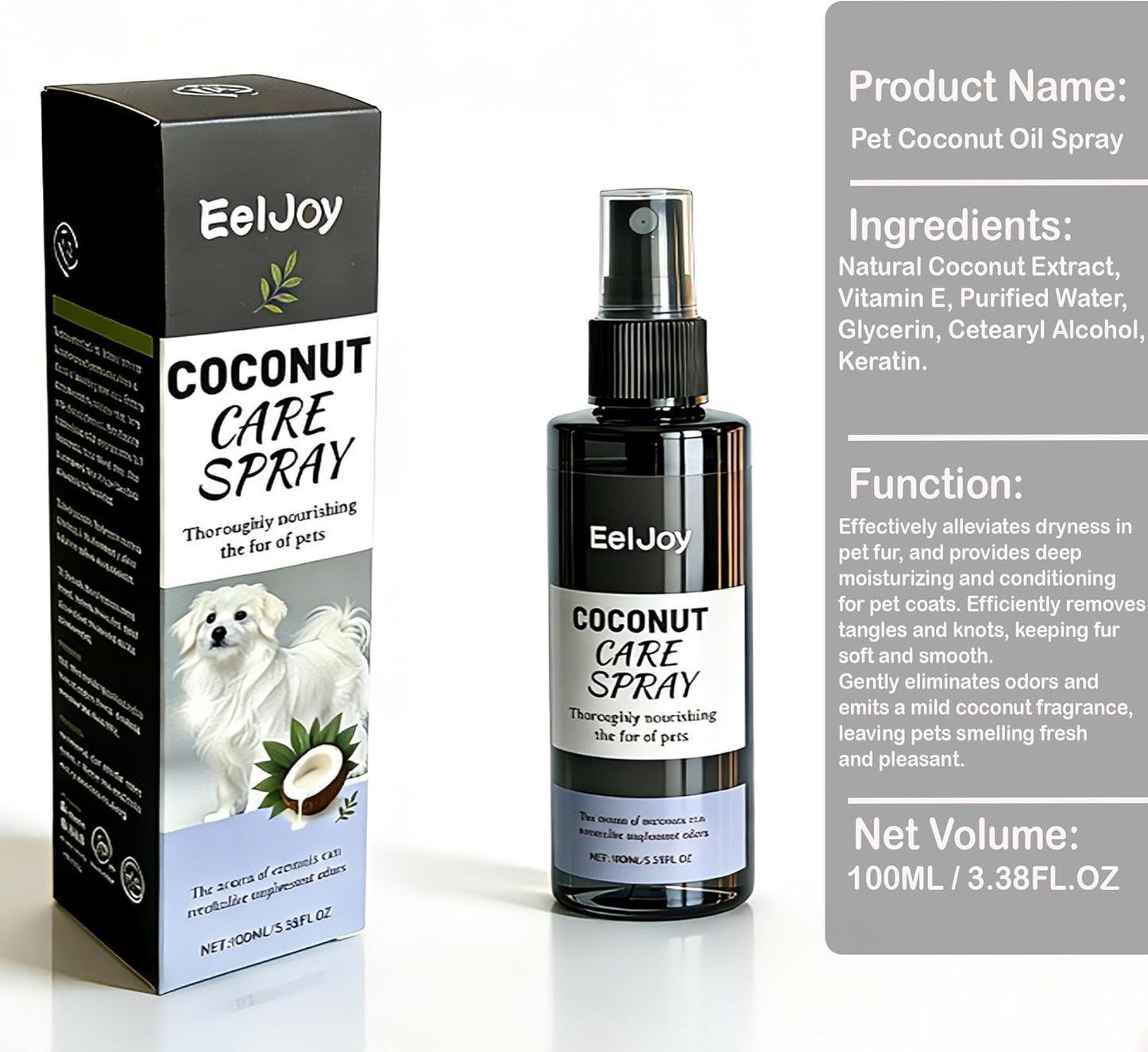 Coconut Care Spray for Pets, Nourishing Fur Oil with Comb, Moisturizing & Detangling Spray for Dogs & Cats, Natural Coconut Oil for Dry Skin & Shiny Coat, 100ml/3.38 fl oz