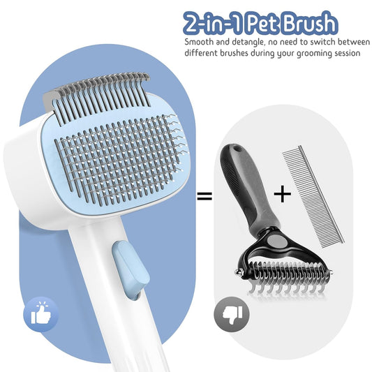 Dog & Cat Brush for Shedding, Self Cleaning Deshedding Brush with Adjustable Bristle Length & Dematting Comb, Skin Friendly Grooming Tool for Long & Medium-Long Hair Pets