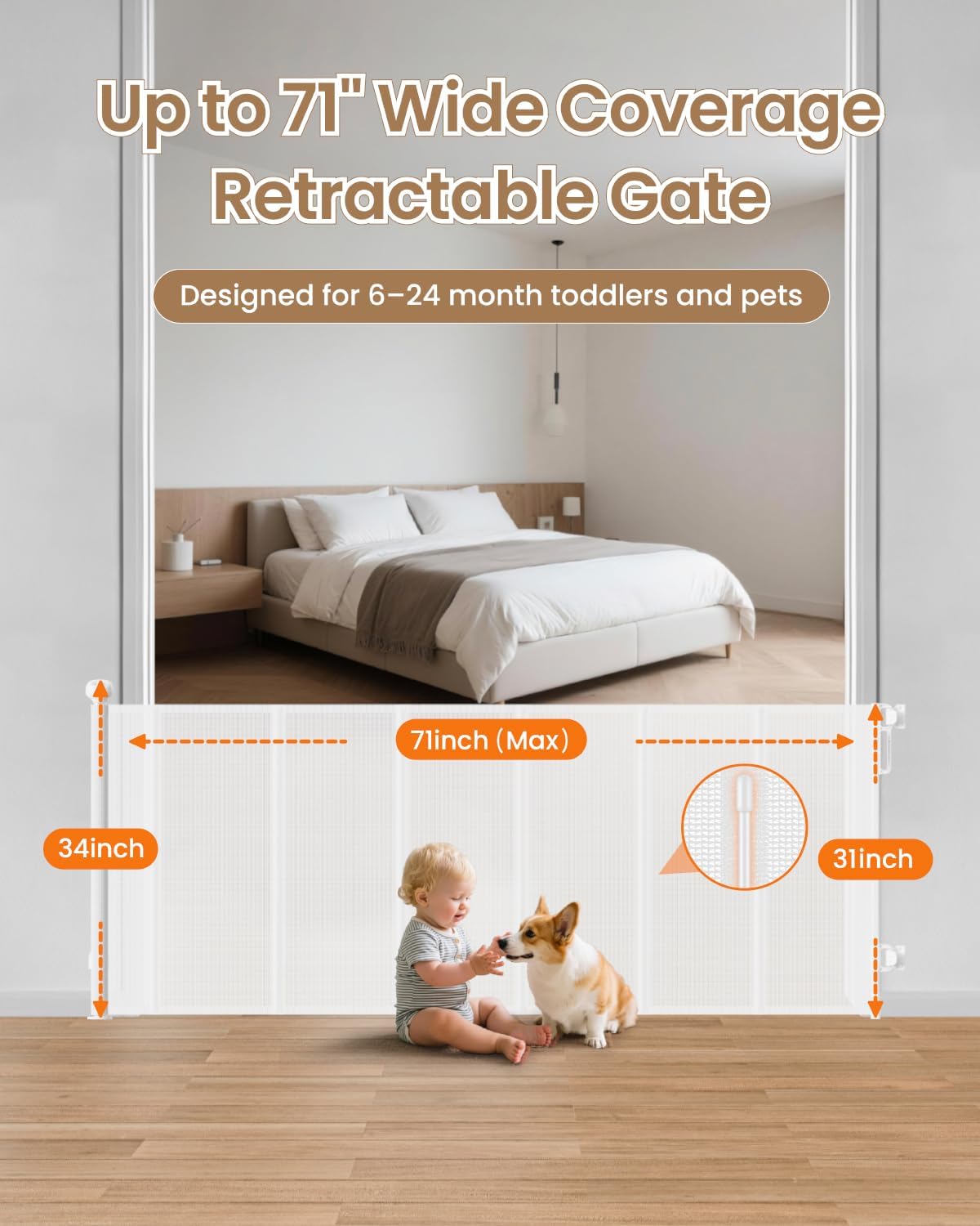 Retractable Baby Gate, 55" Wide Mesh Gate with 4 Reinforced Rods, Prevents Kids & Dogs from Crawling Under, 34" Tall Easy-to-Use Pet Gate for Stairs, Bedrooms, Hallways, Indoor/Outdoor, White