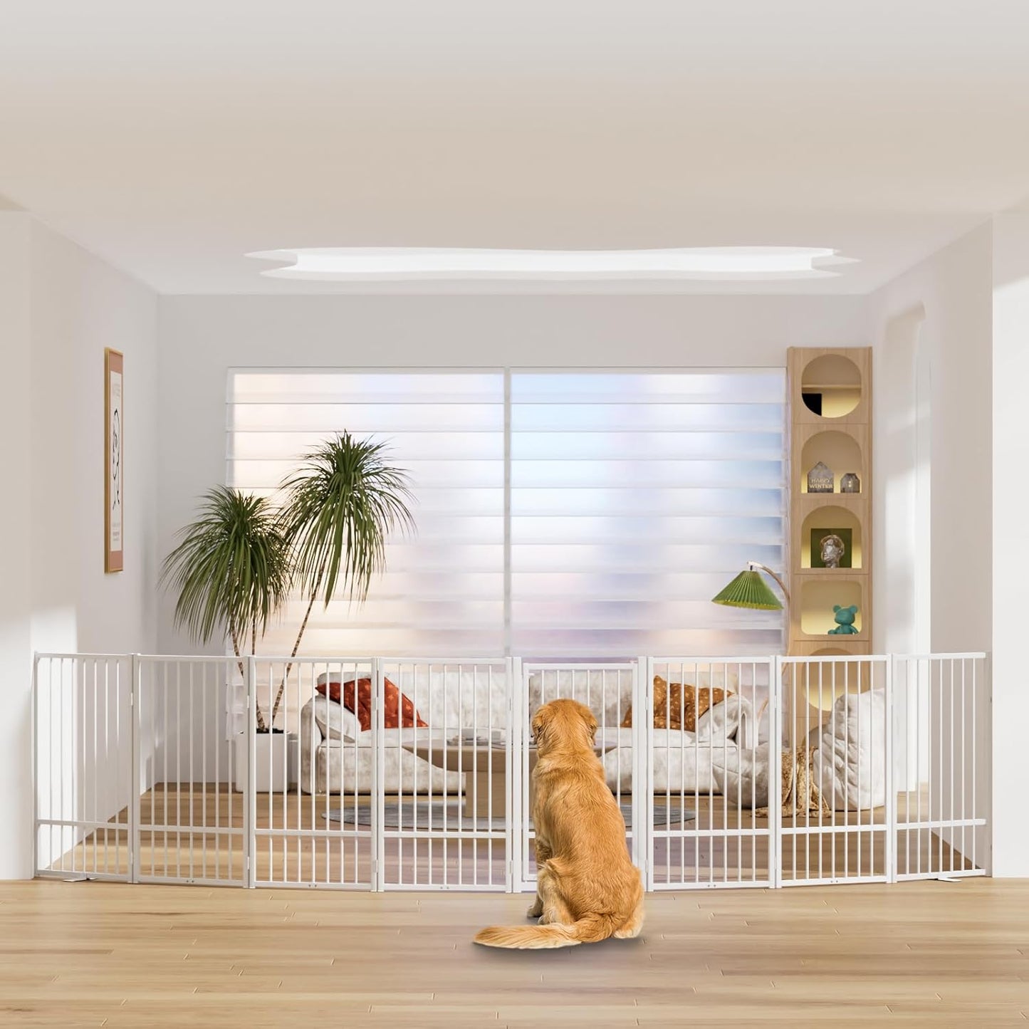 SNUOWU Full Metal Freestanding Dog Gate with Door, 32''Height Foldable Pet Dog Fence for Indoor & Outdoor, 4 Panels Extra Wide Free Standing TallDog Gates for Doorways,House,Stairs,Porch,Deck,Yard