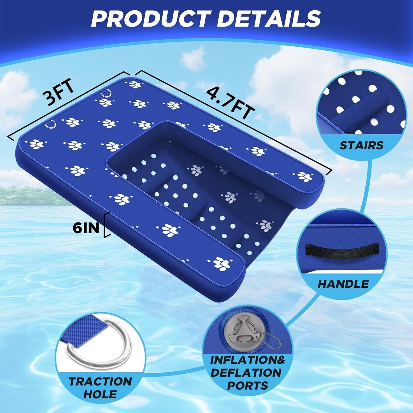 Inflatable Dock Platform, Medium Dog Boat Ramp Floating Non-Slip Oxford and PVC with Small Water Ramp for Dogs Pool, Dock, Lake with Traction Rope, Manual Air Pump (3.2ft x 2.2ft x 4in) M01