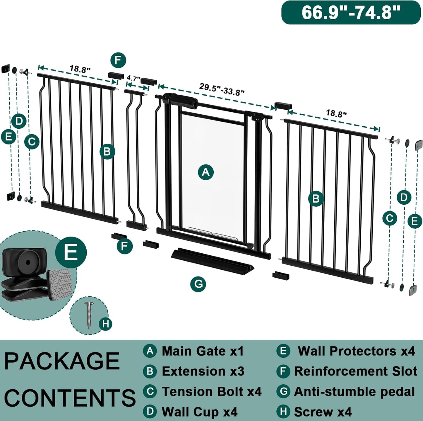 Fairy Baby Triple Lock Clear Baby Gate for Doorways, 57.6”-66.8” Extra Wide Acrylic Dog Gate for Stairs, Safety Child Gate Pressure Mounted No Drill, Auto Close Clear Pet Gate One-Hand Opening, Black