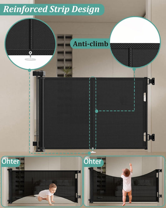 Miumoon 150 inch Retractable Baby Gates 42 inch Tall, Retractable Gate with Reinforced Strip Design to Prevent Crawling Through, 12 FT Extra Wide Retractable Dog Gate for Indoor/Outdoor