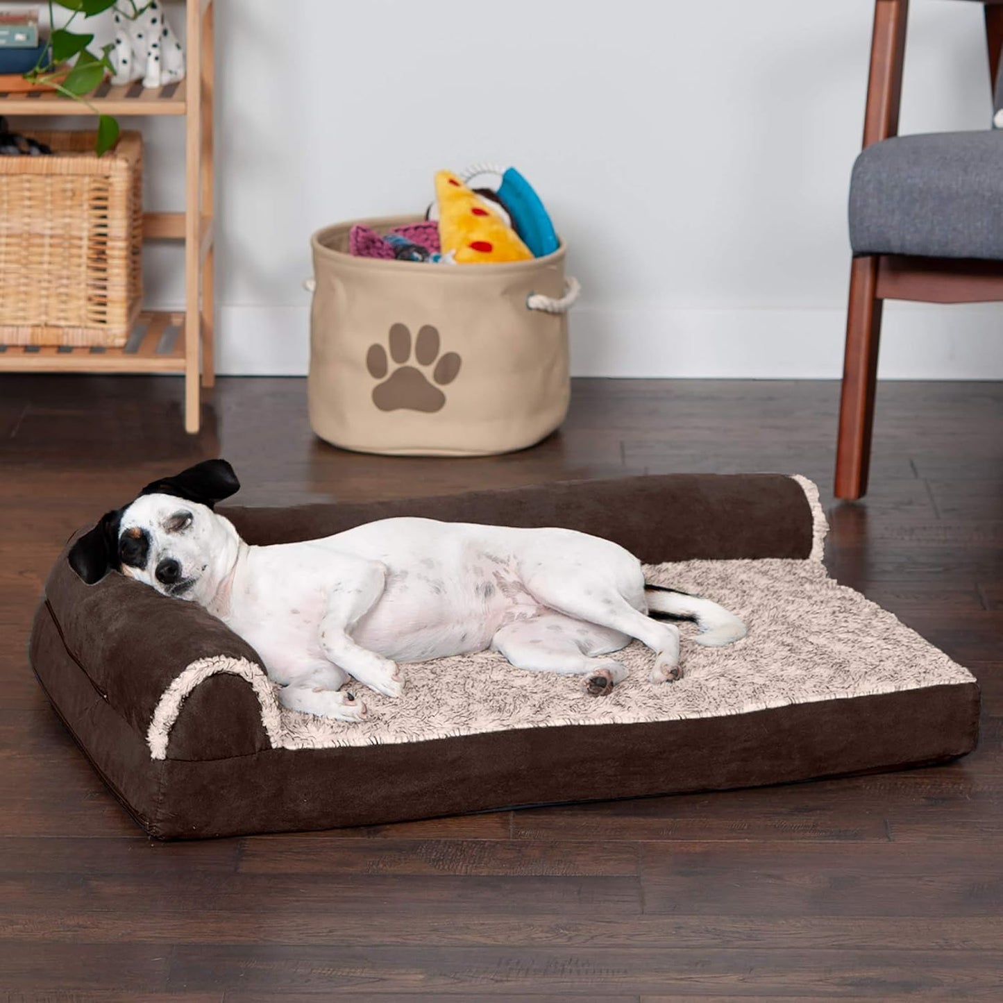 Furhaven Memory Foam Dog Bed for Large Dogs w/ Removable Bolsters & Washable Cover, For Dogs Up to 95 lbs - Two-Tone Plush Faux Fur & Suede L Shaped Chaise - Espresso, Jumbo/XL