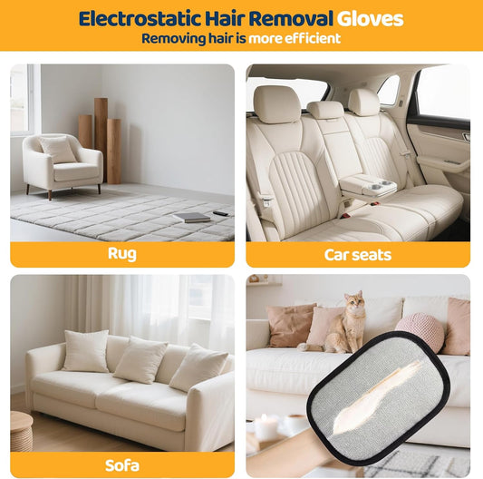 Electrostatic Pet Hair Removal Gloves for Dogs & Cats - Reusable Grooming Mitts Remove Hair from Furniture, Carpets, Car Seats & Clothes