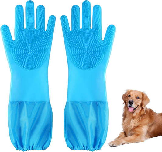Dog Washing Gloves | Pet Grooming Gloves | Extra Long Arms (17.3") for Cats & Dogs | Massage & Hair Removal Pet Glove (Hazy Blue)