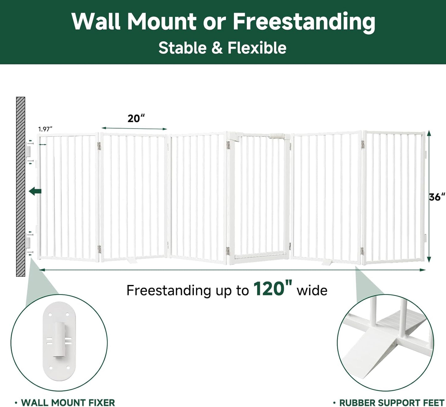 Snagle Paw Full Metal Freestanding Dog Gate,Indoor Dog Gate with Floor Protect Support Feet, 40x24 Inches Foldable Dogs Barrier for Stairs, Hallways and Doorways (24'' H 2 Panel, White