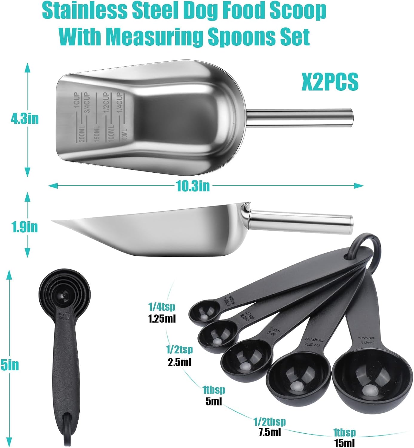 AIERSA Pet Food Scoop & Measuring Cup for Dogs & Cats, Stainless Steel Dog Scoop1 ¾ / ½ / ¼ Cup with Multi-Unit Markings for Precision Feeding, Easy-Clean Metal Food Storage