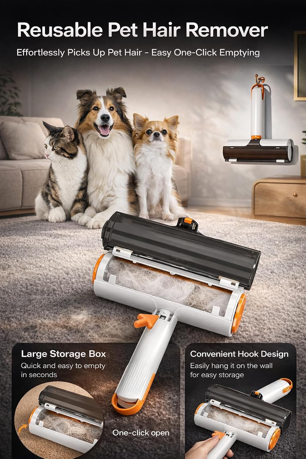 Pet Hair Remover for Furniture, Reusable Pet Hair Removal Tool, Self Cleaning Fur Remover for Couch, Carpet, Rugs, Bedding & Car Seats, Dog & Cat Hair Remover, Reusable lint Roller