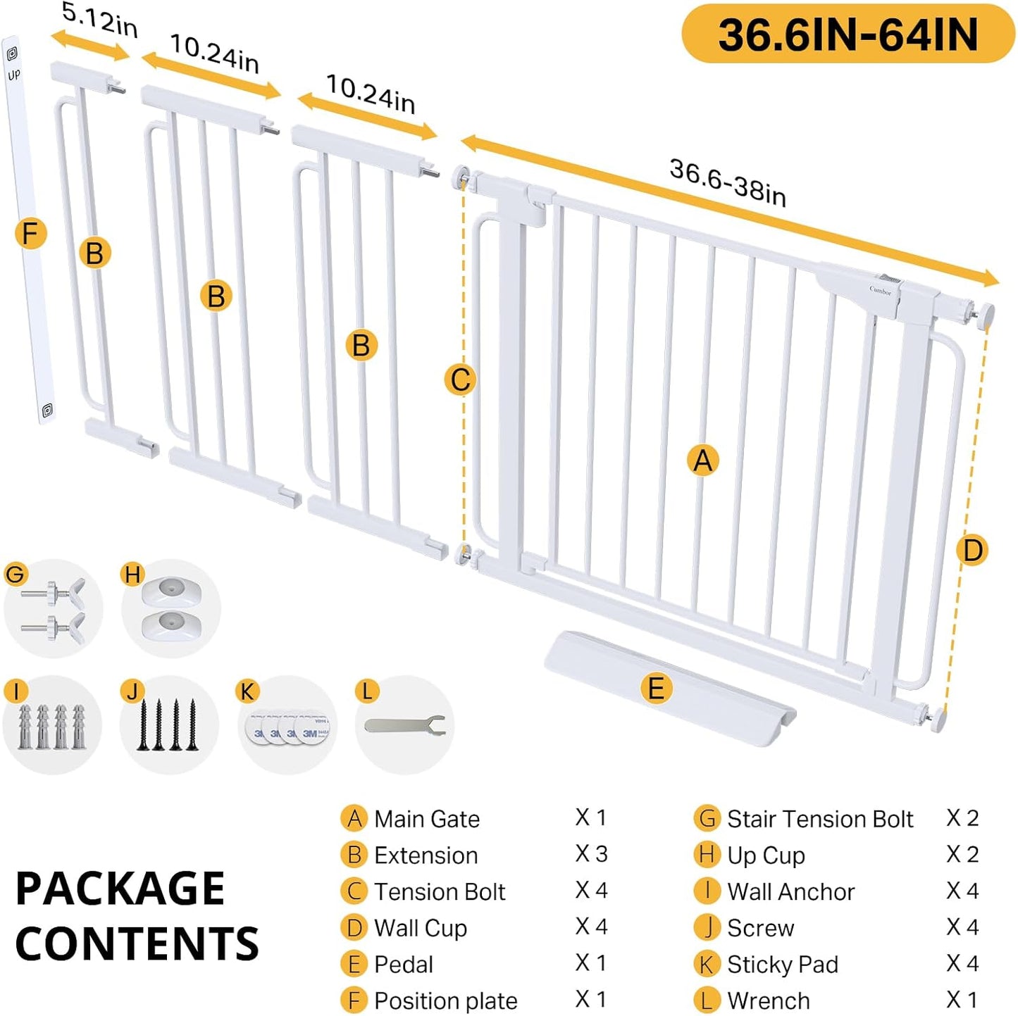 Cumbor 36.6-64" Extra Wide Baby Gate for Stairs, Dog Gates for Doorways, Auto-Close Pet Gate Indoor, Pressure Mounted Walk Through Safety Child Gate for Kids Toddler, Tall Pet Puppy Fence Gate, Brown