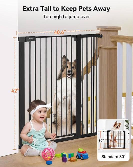 COMOMY 42" Extra Tall Baby Gate for Stairs Doorways, Fits Openings 29.5" to 40.6" Wide, Auto Close Sturdy Safety Dog Gate for House, Pressure Mounted Easy Walk Through Pet Gate with Door, White