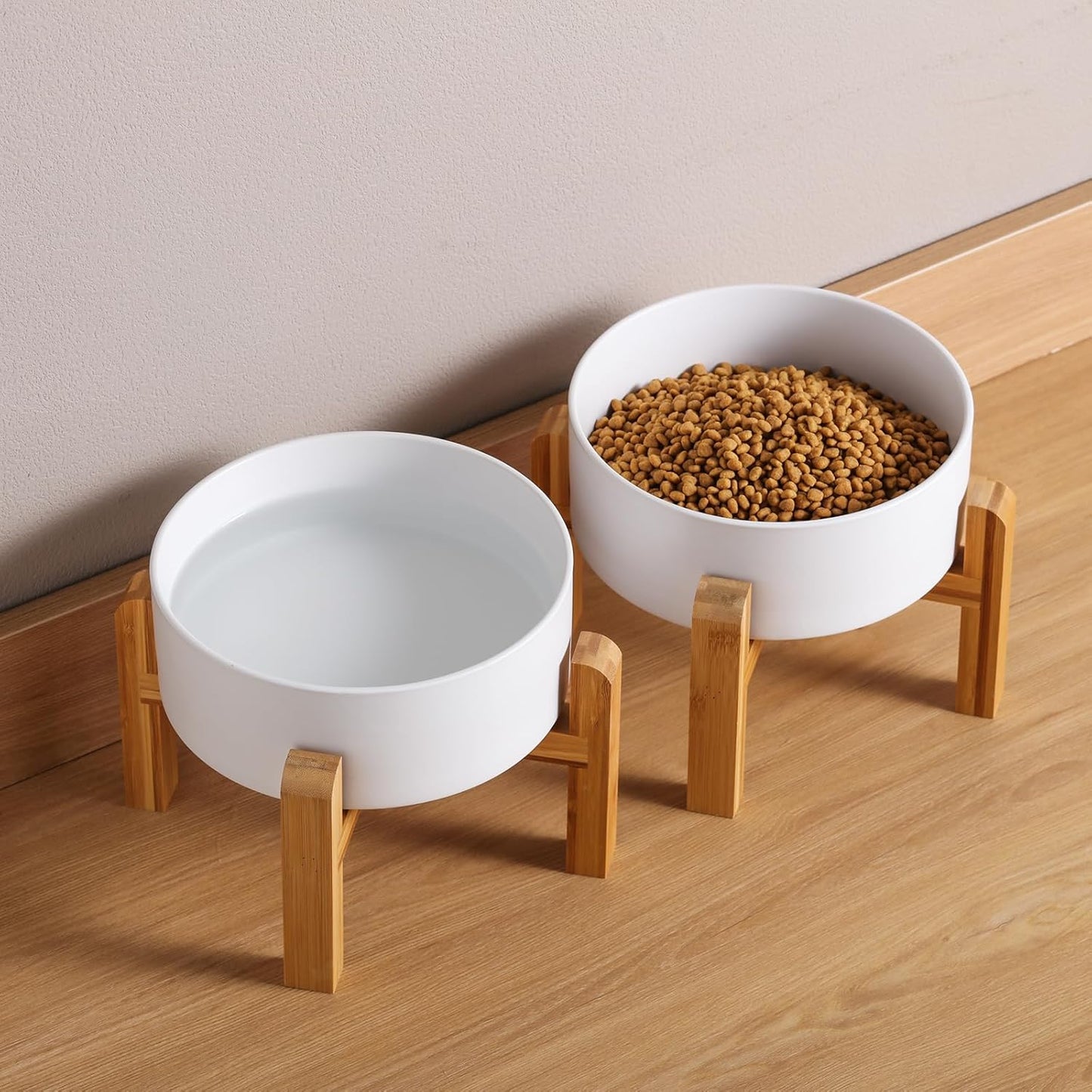 Black Elevated/Raised Dog Bowl Ceramic with Wood Stand for Medium Large Breed,Dog Food Water Dish Heavy Weighted,8 in Non Slip Modern Cute Porcelain Pet Bowl Extra Large
