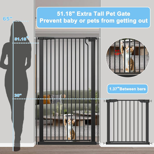 51.18" Extra Tall Cat Gate for Doorway,29.5"- 48.4" Wide Auto Close Tall Pet Gate No Drilling Pressure Mounted for Hallway Kitchen,Black