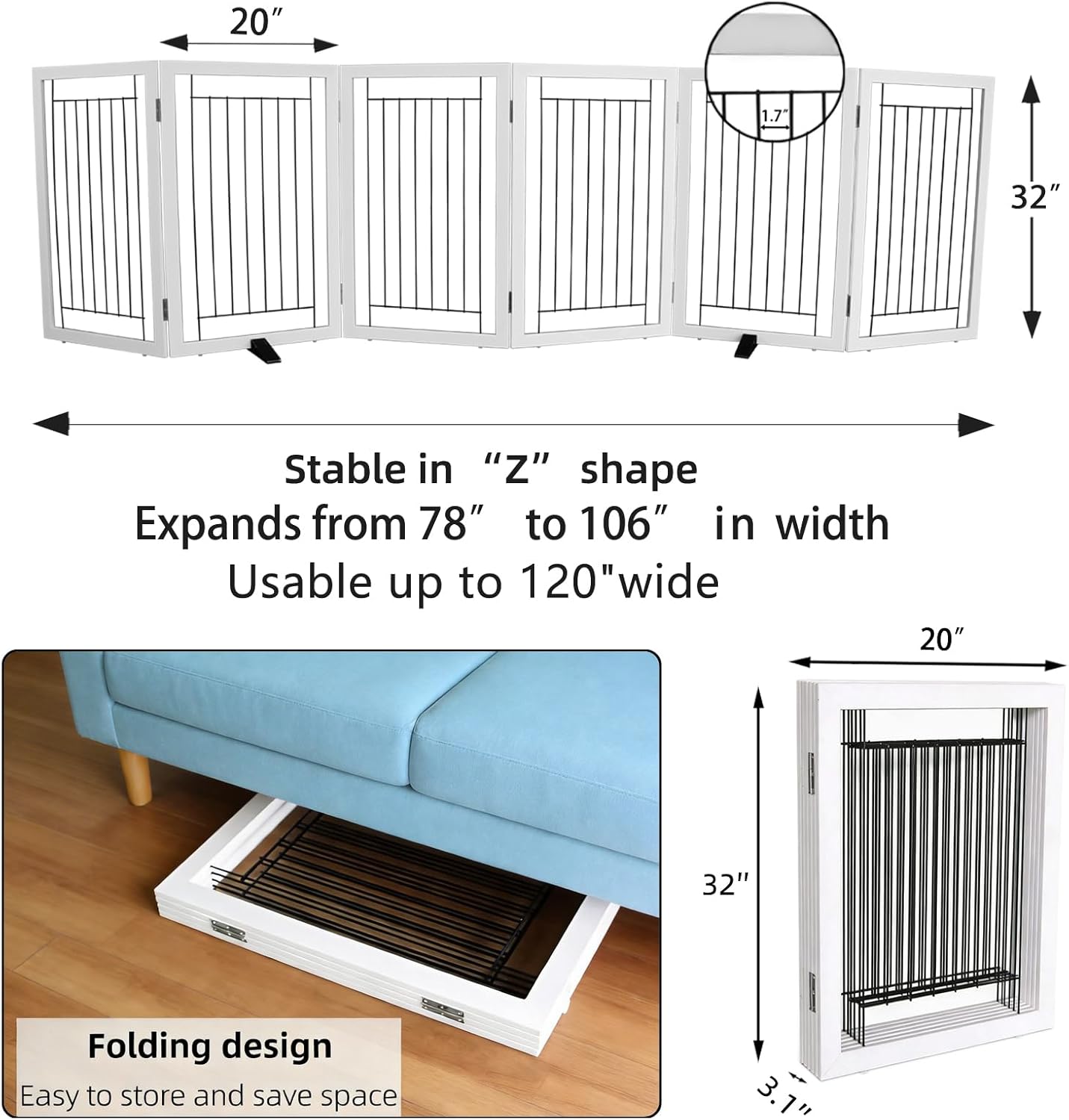 ZJSF Freestanding Dog Gate Indoor, Foldable Dog Fence for Doorways,Hallways or Stairs, Sturdy Wood Extra Wide Pet Gate with Support Feet,Black,24 "Height-3 Panels