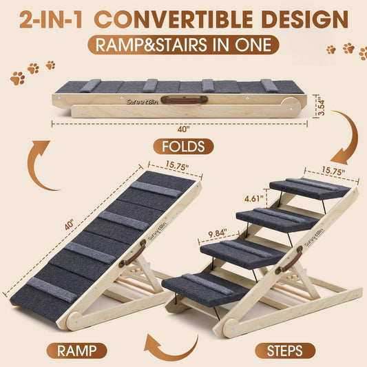 Dog Ramp for Bed - Foldable Small to Large Dog Ramp for Couch - 6 Adjustable Height from 12" to 24" - Stairs with High Traction Mat - Wooden Portable Ramp for Dogs to Get on Bed Couch Car Up to 200LBS